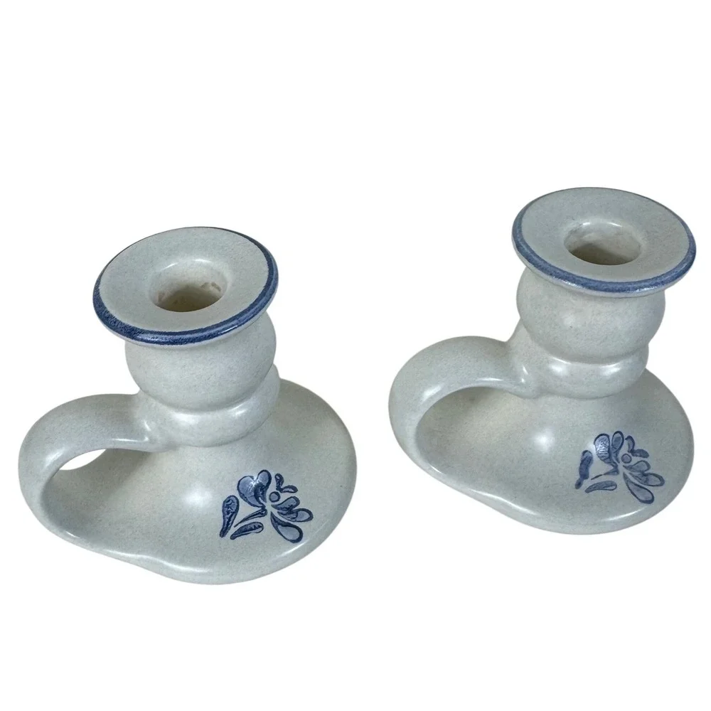 Vintage Pfaltzgraff Yorktown Blue Floral Ceramic Finger Loop Candle Holder Set 2